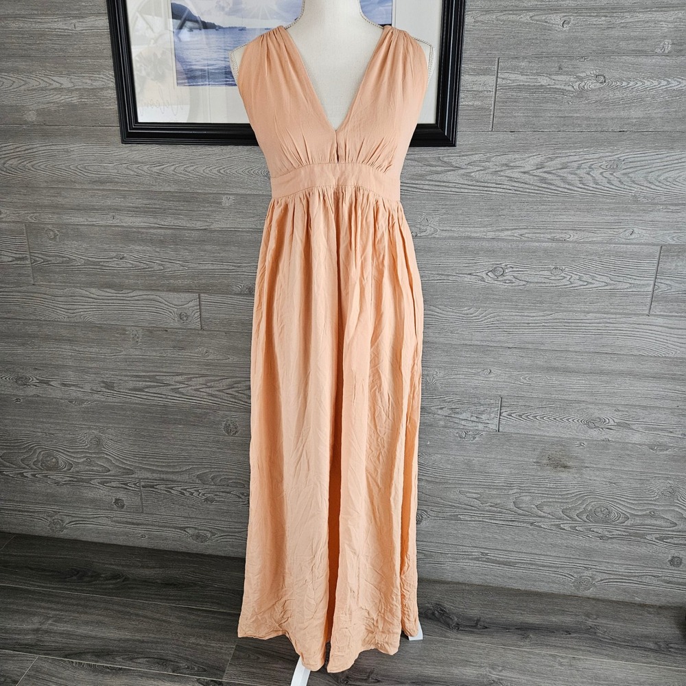 Zara Woman Peach V-Neck Crisscross Back Empire Waist Maxi Dress Small Boho
